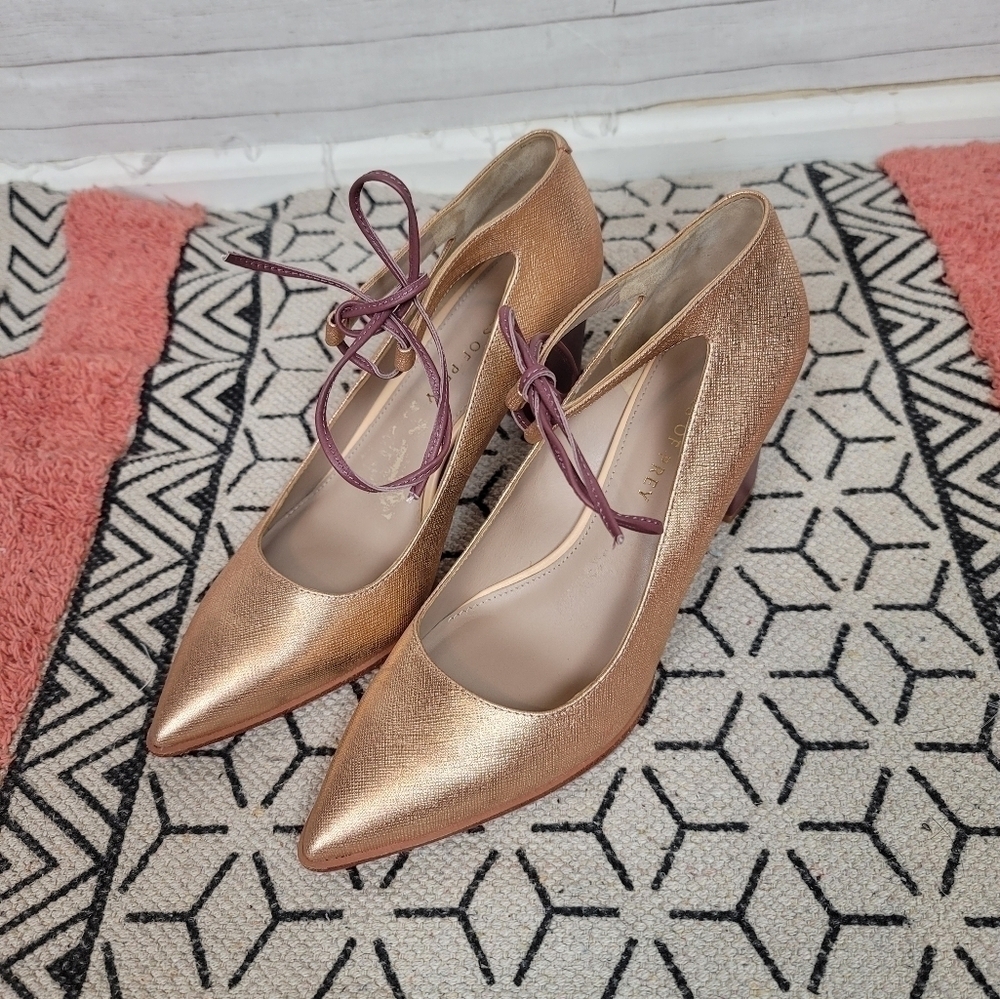 Anthropologie Metallic Rose Gold Pointed Toe Heels with Mauve Ties - Picture 9 of 16